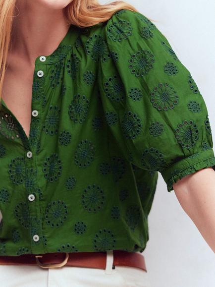 Boden Camille Short Sleeve Button Up Top, Green - view 2, Green
