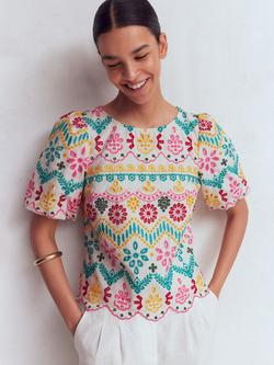 Boden Broderie Anglaise Linen Rich Top, Multi, Multi