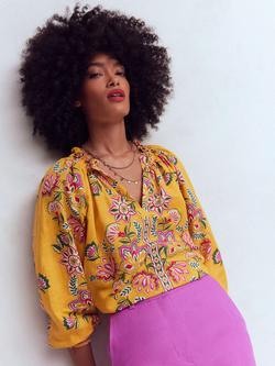 Boden Serena Linen Blend Top, Yellow/Multi, Yellow/Multi
