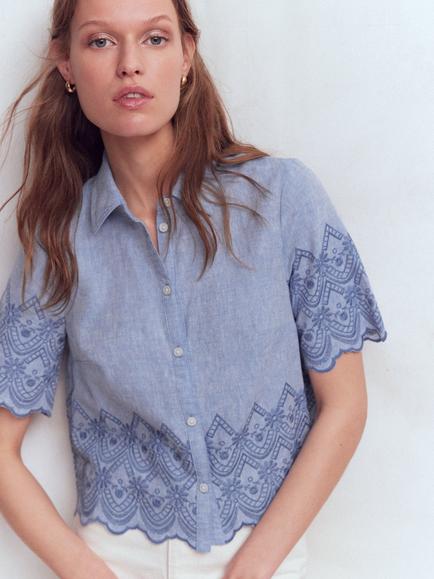Boden Short Sleeve Broderie Pure Linen Shirt, Chambray, Chambray