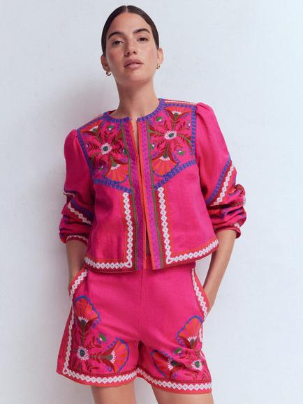 Boden Embroidered Linen Shorts, Pink Peony, Pink Peony