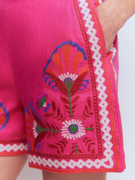 Boden Embroidered Linen Shorts, Pink Peony - view 2, Pink Peony