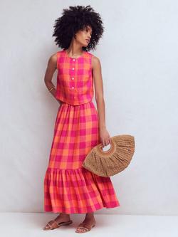 Boden Abigail Linen Check Maxi Skirt, Orange/Pink, Orange/Pink