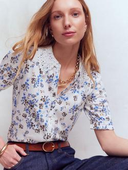 Boden Nessa Broderie Collar Floral Shirt, Ivory/Blue, Ivory/Blue