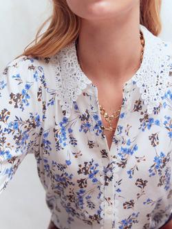 Boden Nessa Broderie Collar Floral Shirt, Ivory/Blue - view 2, Ivory/Blue