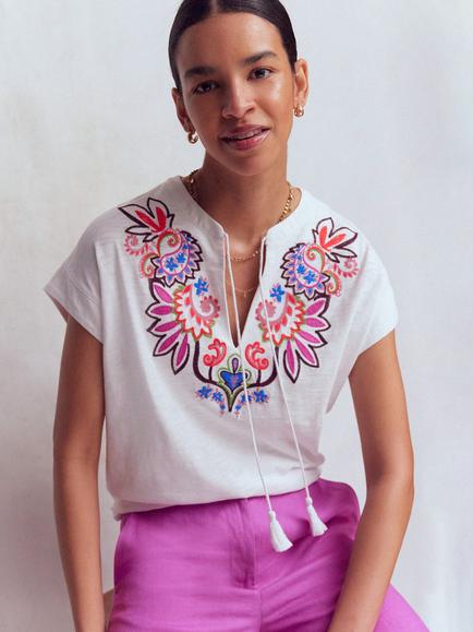 Boden Nina Embroidered Tie Neck Top, White/Multi, White/Multi