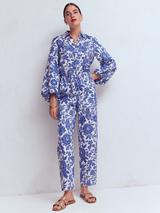 Boden Islington Floral Print Linen Ankle Trousers, Blue/Multi