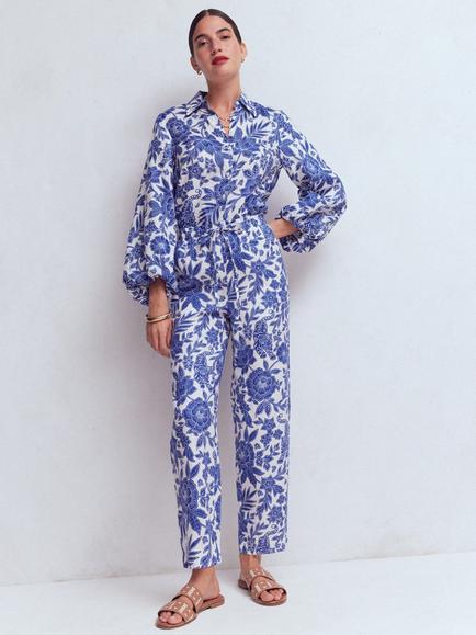 Boden Islington Floral Print Linen Ankle Trousers, Blue/Multi, Blue/Multi