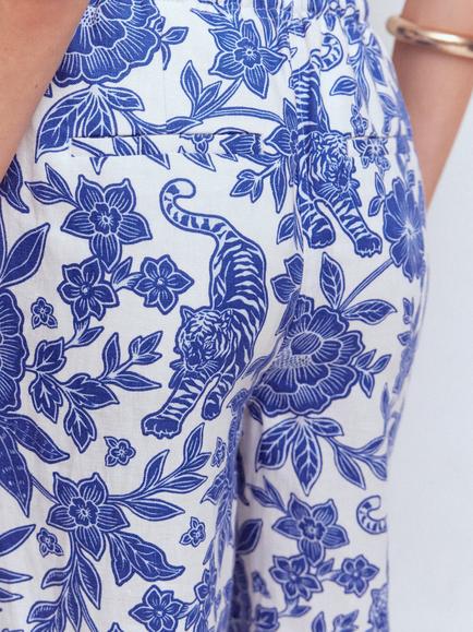Boden Islington Floral Print Linen Ankle Trousers, Blue/Multi - view 2, Blue/Multi