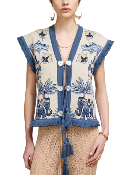 Hayley Menzies Nandita Knit Waistcoat, Blue/Cream, Blue/Cream