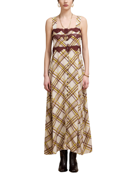 Hayley Menzies Viv Sleeveless Check Silk Cami Maxi Dress, Cream/Brown, Cream/Brown
