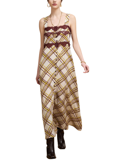 Hayley Menzies Viv Sleeveless Check Silk Cami Maxi Dress, Cream/Brown - view 2, Cream/Brown