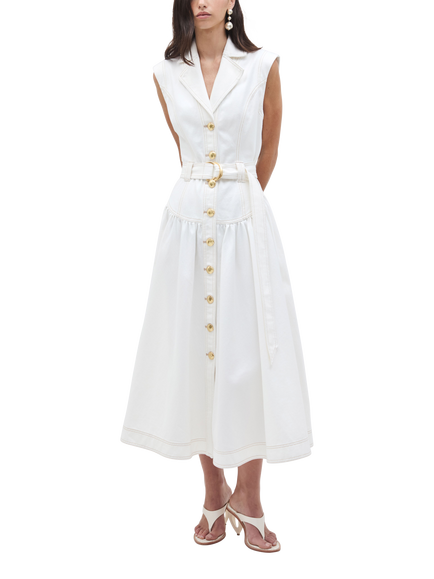Aje Liliana Belted Denim Dress, White, White
