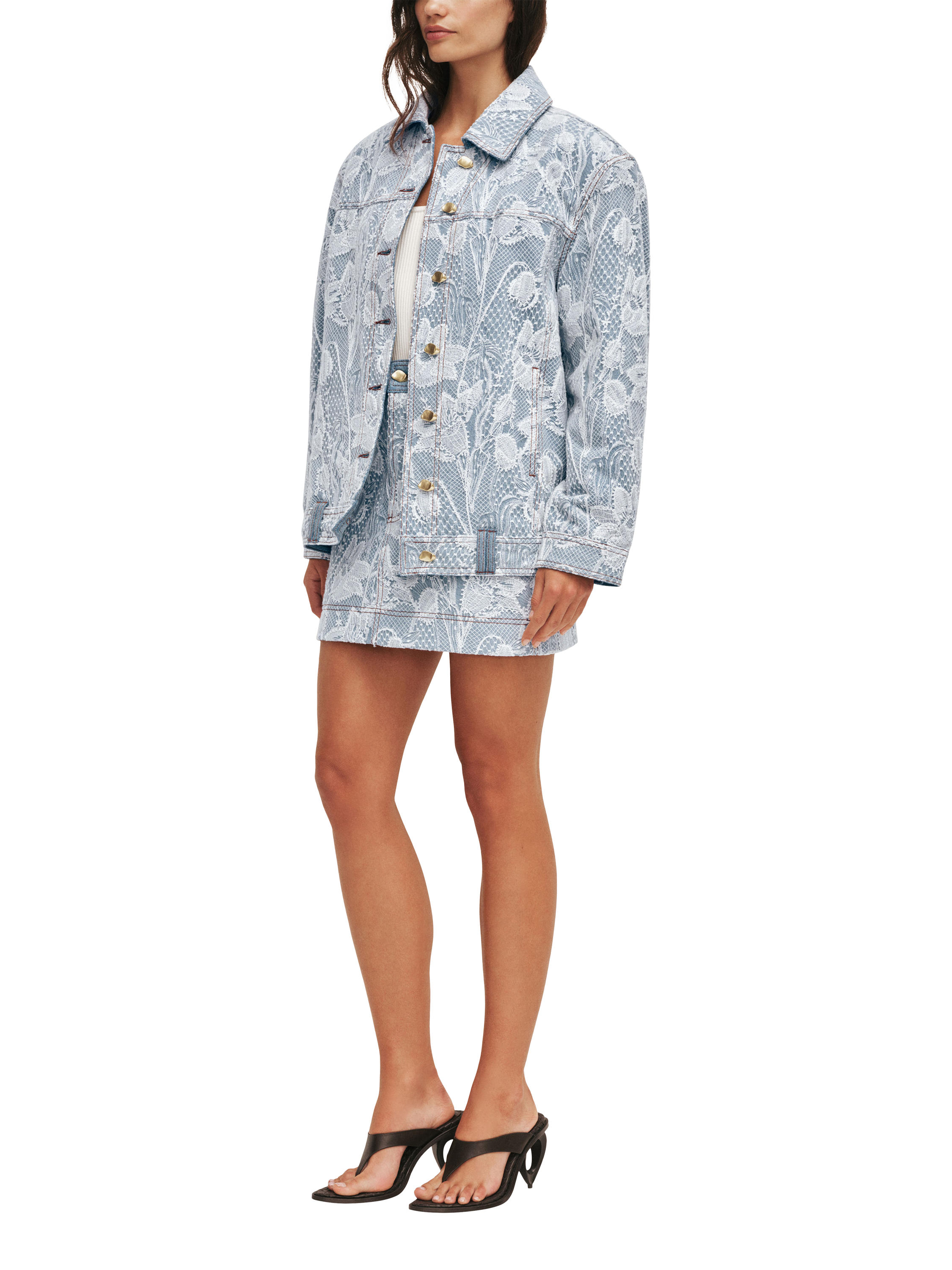 Aje Blossom Floral Lace Denim Jacket, Blue/White