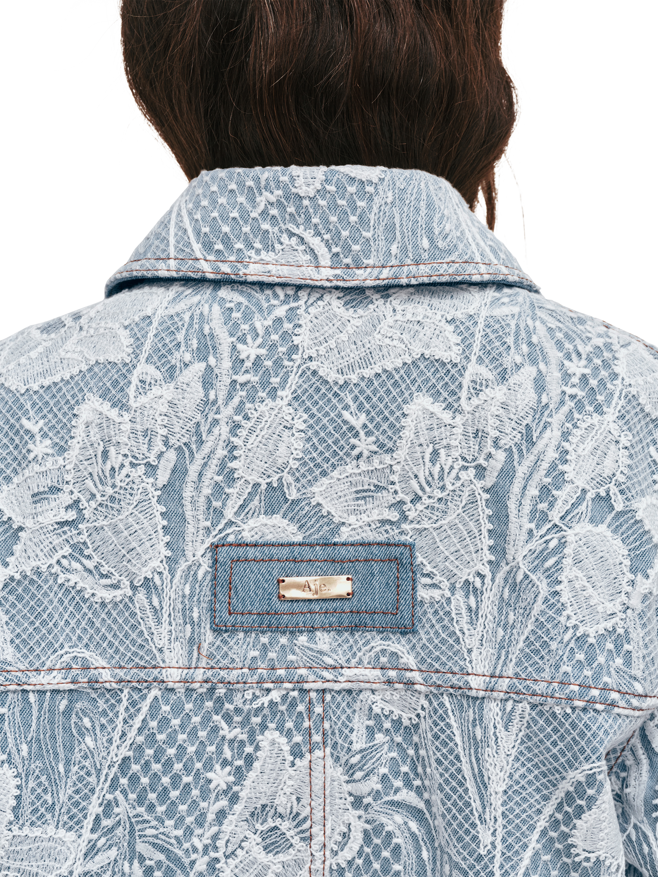 Aje Blossom Floral Lace Denim Jacket, Blue/White