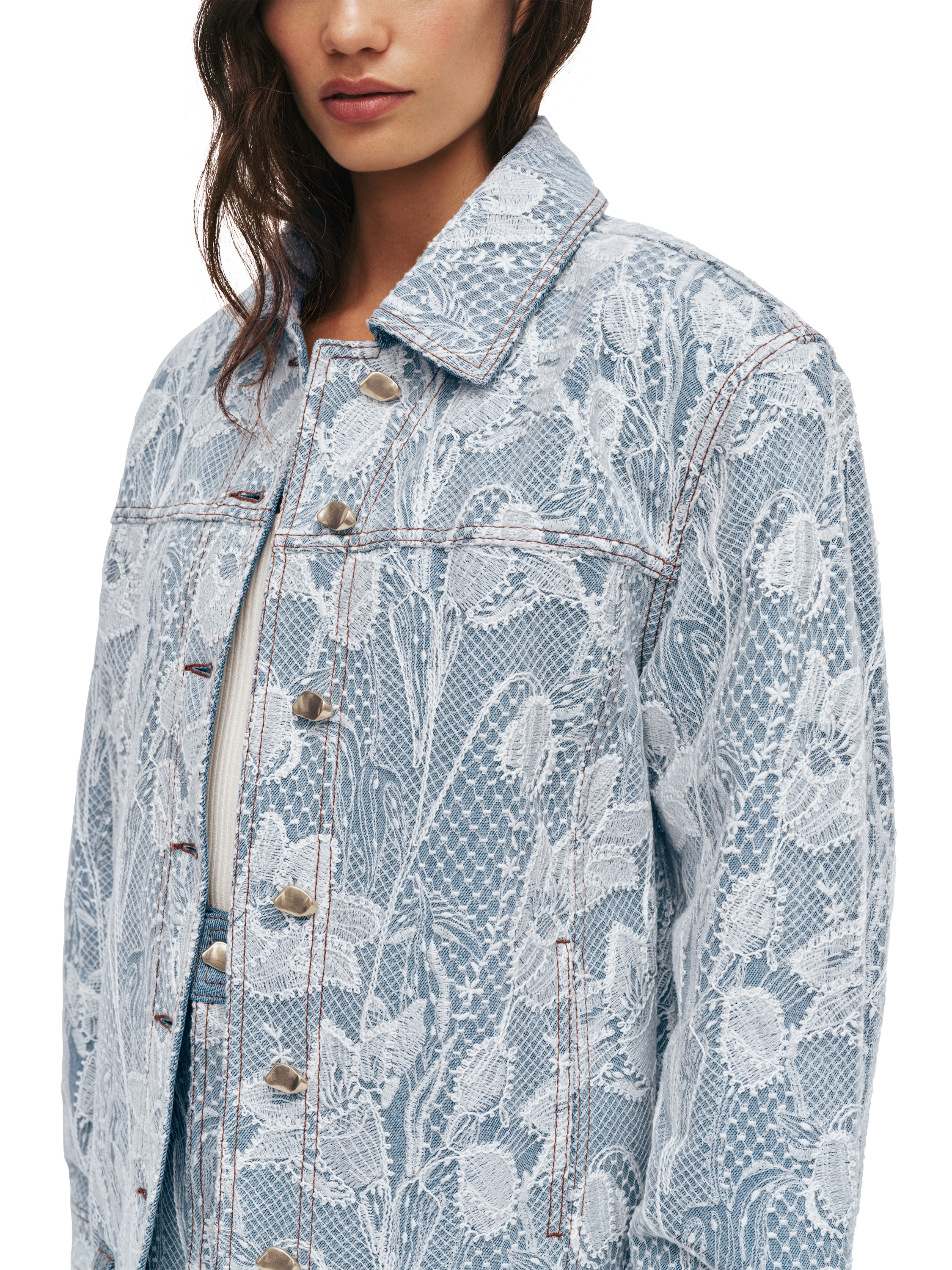 Aje Blossom Floral Lace Denim Jacket, Blue/White