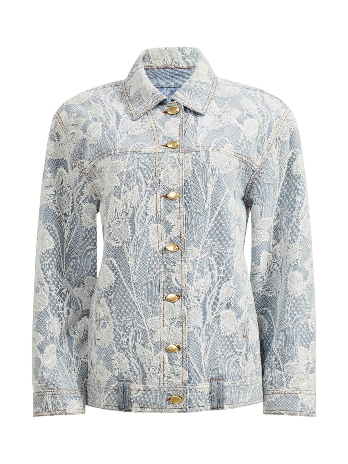 Aje Blossom Floral Lace Denim Jacket, Blue/White