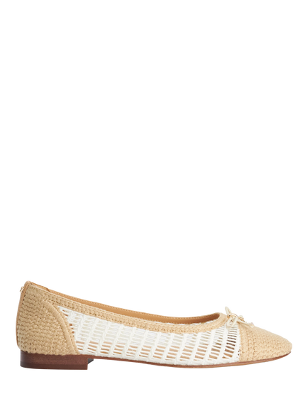 Dune London Hopsy Raffia Crochet Bow Detail Ballerina Pumps, Beige/White, Beige/White