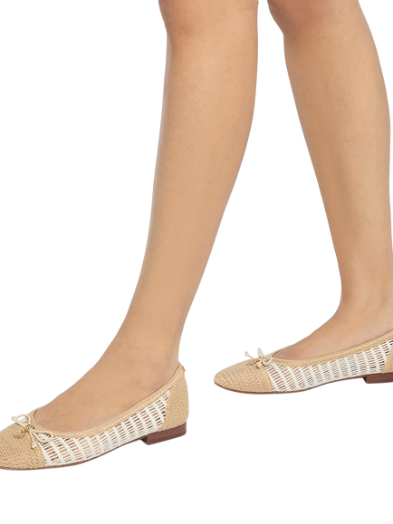 Dune London Hopsy Raffia Crochet Bow Detail Ballerina Pumps, Beige/White - view 2, Beige/White