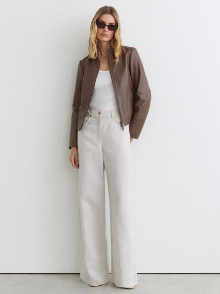Reiss Allie Leather Collarless Biker Jacket, Taupe Neutral, Taupe Neutral