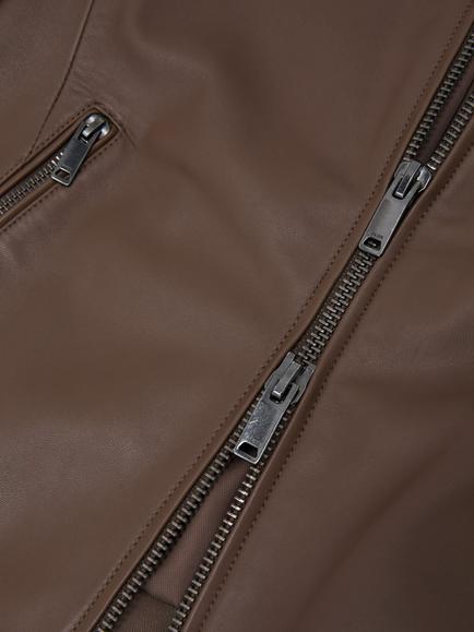 Reiss Allie Leather Collarless Biker Jacket, Taupe Neutral - view 2, Taupe Neutral