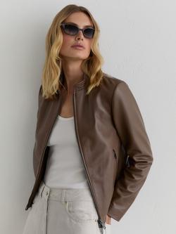 Reiss Petite Allie Leather Collarless Biker Jacket, Taupe Neutral - view 2, Taupe Neutral