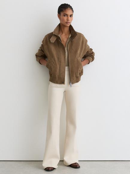 Reiss Cara Pure Suede Bomber Jacket, Khaki Green, Khaki Green