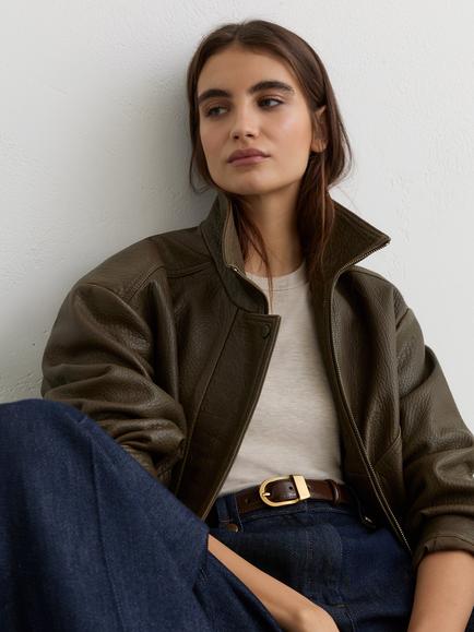 Reiss Cara Pure Suede Bomber Jacket, Khaki Green - view 2, Khaki Green