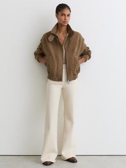 Reiss Petite Suede Bomber Jacket, Khaki Green, Khaki Green