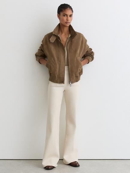 Reiss Petite Suede Bomber Jacket, Khaki Green, Khaki Green