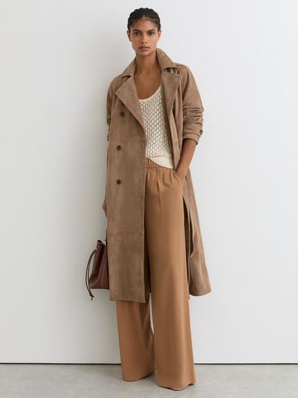 Reiss Suede Longline Trench Coat, Neutral, Neutral