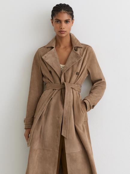 Reiss Suede Longline Trench Coat, Neutral - view 2, Neutral