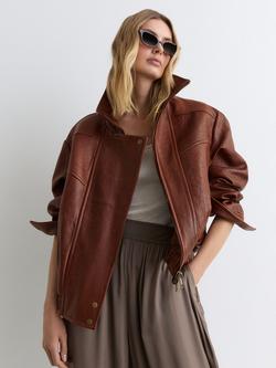 Reiss Petra Textured Leather Oversized Jacket, Chestnut Brown, Chestnut Brown