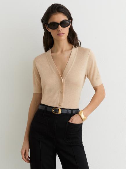 Reiss Seren Short Sleeve Cardigan, Neutral, Neutral