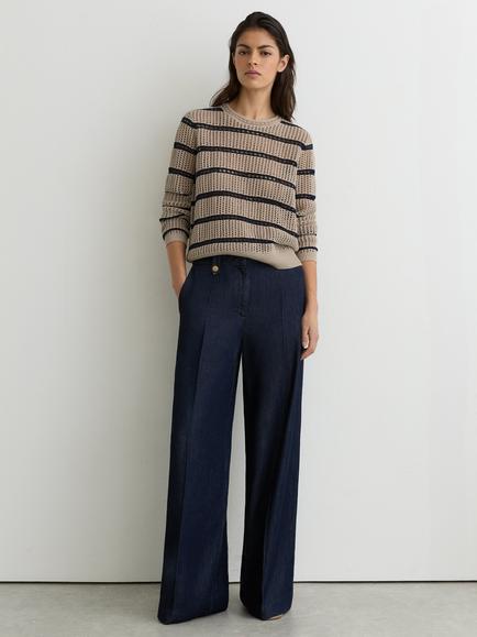 Reiss Skylar Open Knit Striped Jumper, Neutral/Navy, Neutral/Navy