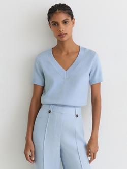 Reiss Valerie Cotton Blend Short Sleeve V-Neck Jumper, Soft Blue, Soft Blue