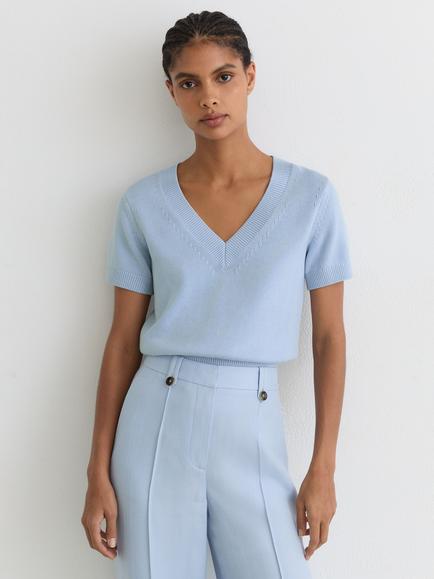 Reiss Valerie Cotton Blend Short Sleeve V-Neck Jumper, Soft Blue, Soft Blue