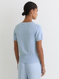 Reiss Valerie Cotton Blend Short Sleeve V-Neck Jumper, Soft Blue - view 2, Soft Blue