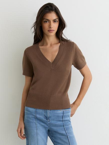 Reiss Valerie Cotton Blend Short Sleeve V-Neck Jumper, Taupe Neutral, Taupe Neutral