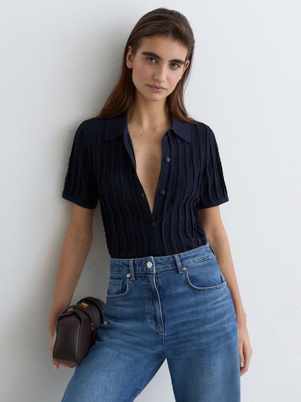 Reiss Audrey Ribbed Short Sleeve Polo Shirt, Navy, Navy
