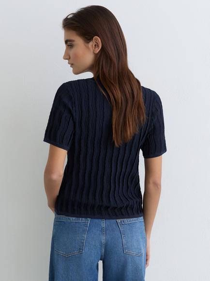 Reiss Audrey Ribbed Short Sleeve Polo Shirt, Navy - view 2, Navy