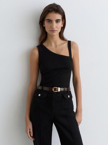 Reiss Aysha Asymmetric Neck Cotton Rich Vest, Black, Black