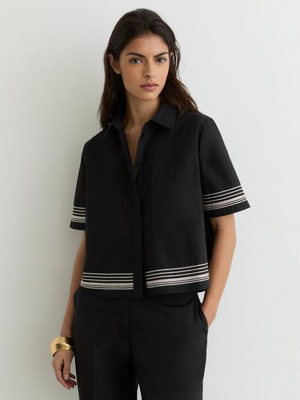 Reiss Cat Boxy Cotton Elbow Length Sleeve Shirt, Black/Ivory, Black/Ivory