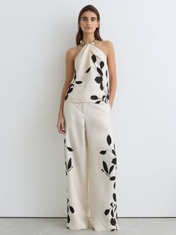 Reiss Delilah Beaded Halterneck Floral Top, Ivory/Black, Ivory/Black