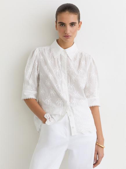 Reiss Edwina Embroidered Short Sleeve Blouse, Ivory, Ivory