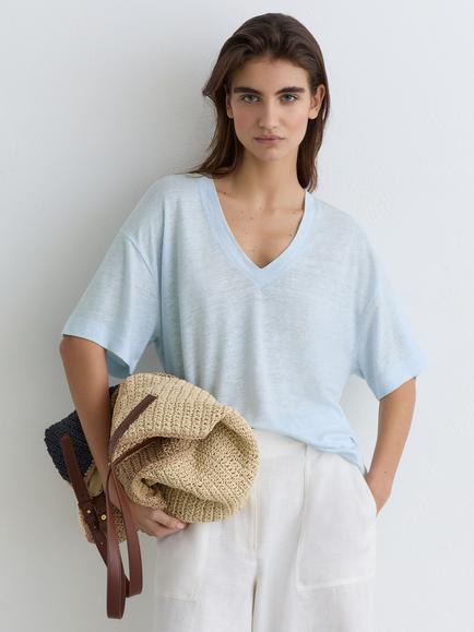 Reiss Ember V-Neck Drop Sleeve Linen Top, Blue, Blue