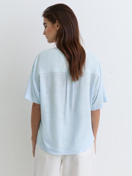 Reiss Ember V-Neck Drop Sleeve Linen Top, Blue - view 2, Blue
