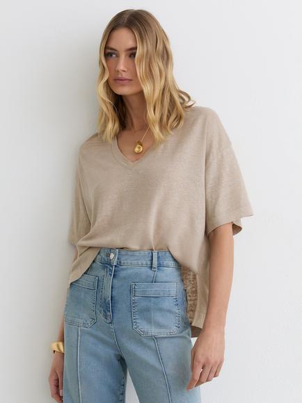 Reiss Ember V-Neck Drop Sleeve Linen Top, Stone Neutral, Stone Neutral