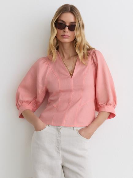 Reiss Evie V-Neck Puff Sleeve Linen Blouse, Coral Pink, Coral Pink