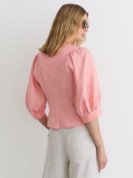 Reiss Evie V-Neck Puff Sleeve Linen Blouse, Coral Pink - view 2, Coral Pink